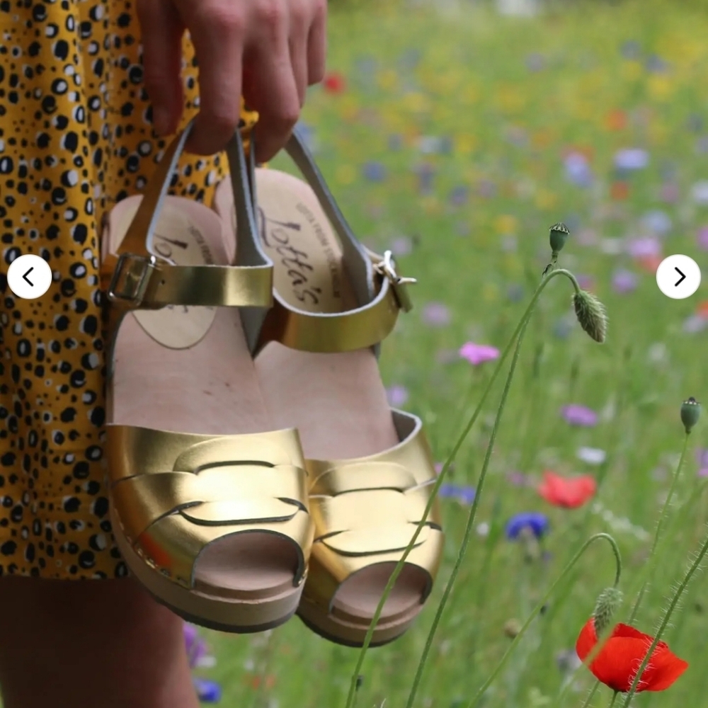 Lotta From Stockholm Peep Toe Wood Clog Sandal In Gold Leather